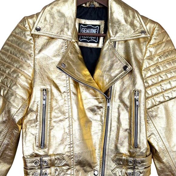 Women's Gold Metallic Style Genuine Leather Jacket - Sz: XXS - Picture 2 of 8